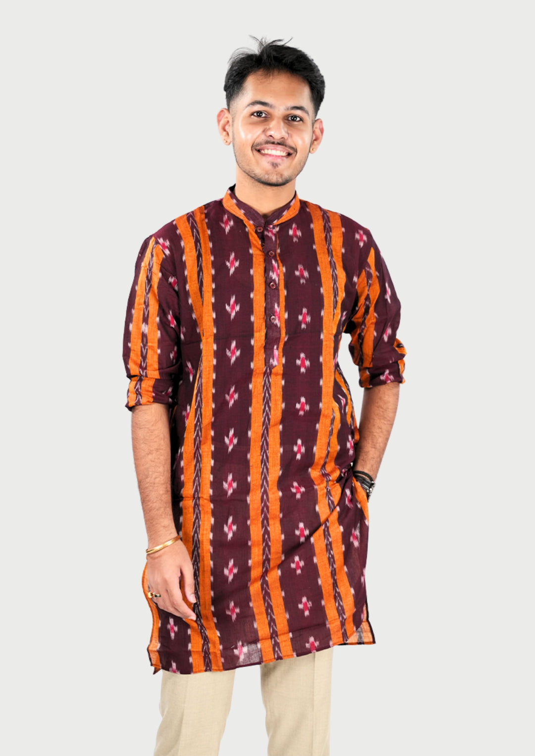 Sambalpuri Men’s Long Kurta – Maroon Base with Mustard Ikat Vertical Stripe Motif