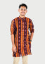 Sambalpuri Men’s Long Kurta – Maroon Base with Mustard Ikat Vertical Stripe Motif