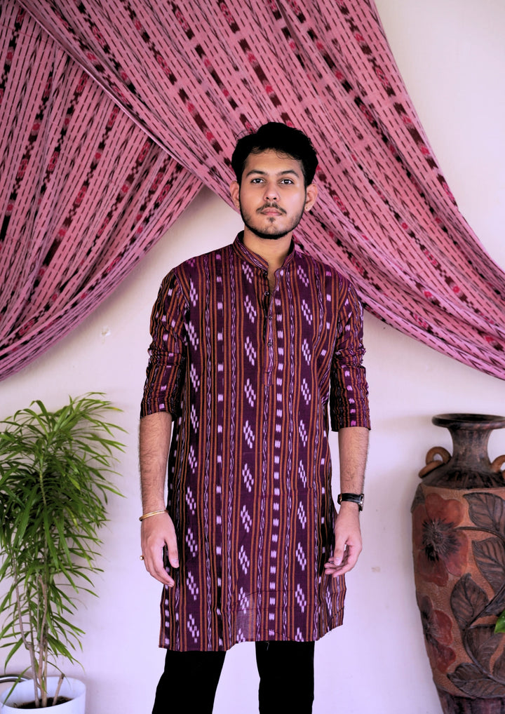 Sambalpuri Men’s Long Kurta – Ikat Diamond Motif, Maroon Base with White & Pink Highlights