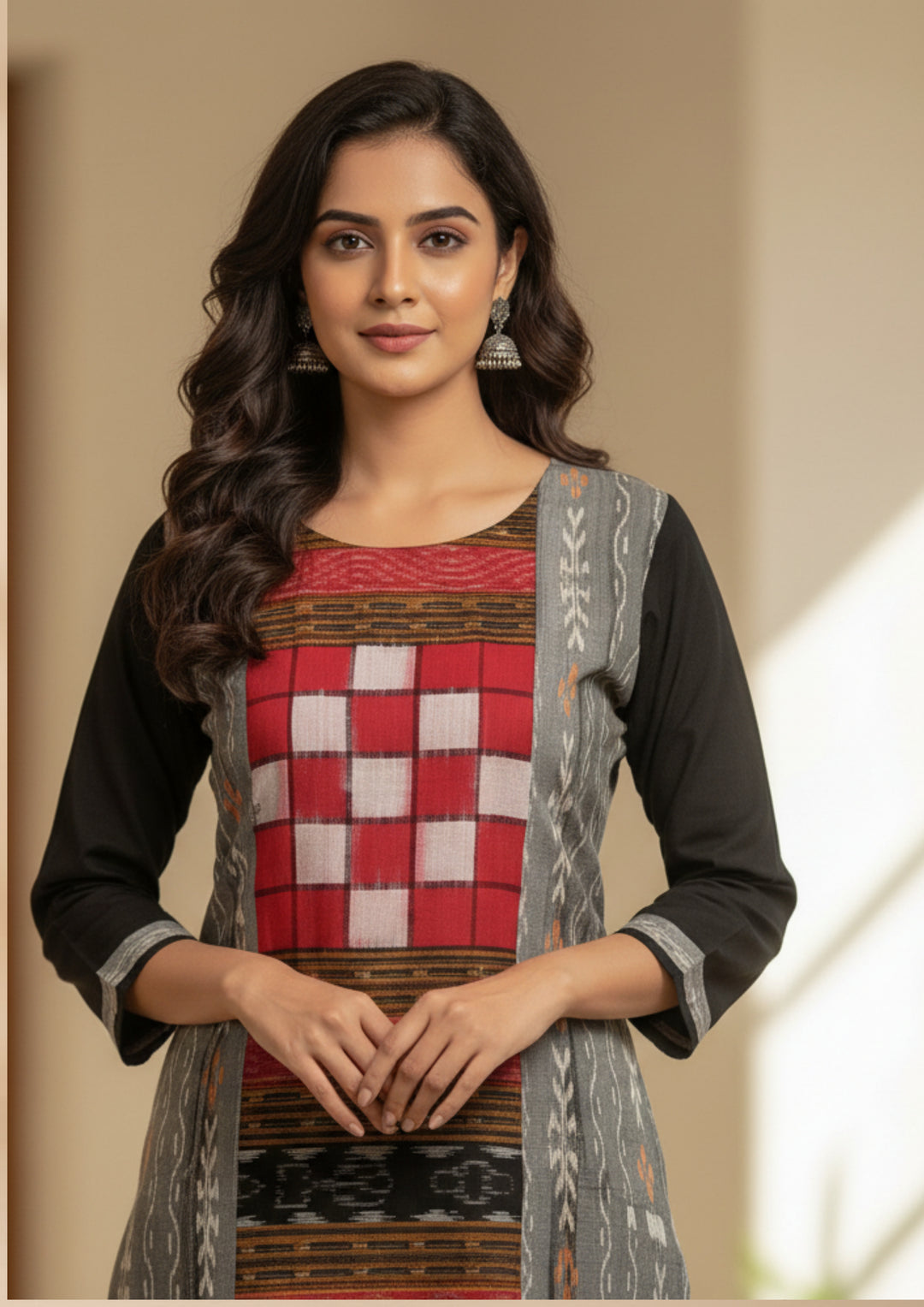Sambalpuri Women's Kurti - Bichitrapuri Design Pure Cotton Kurti in Grey & Black