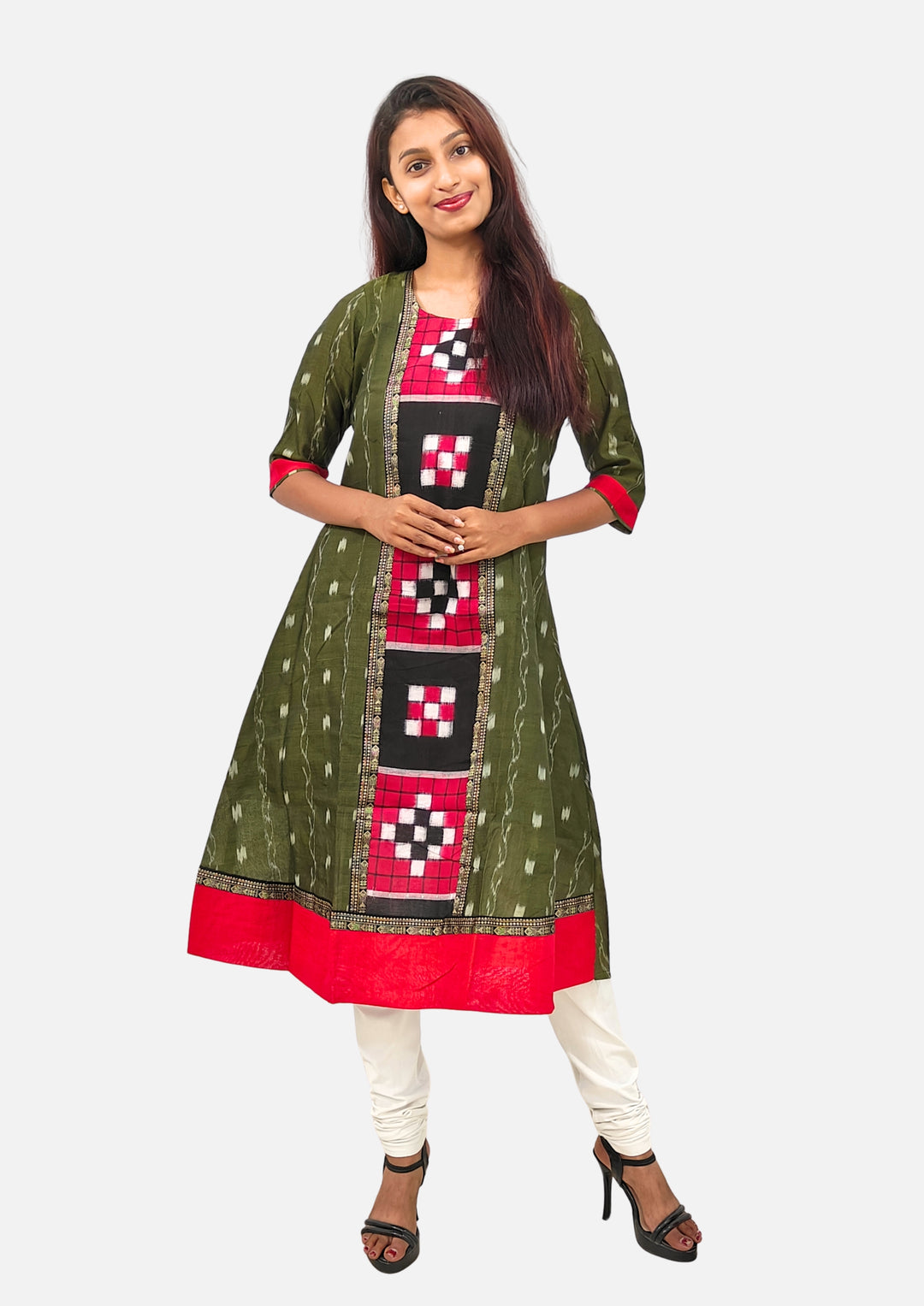 Sambalpuri Women's Gown – Olive Green with Black, Red, and White Pasapali Ikat Motif