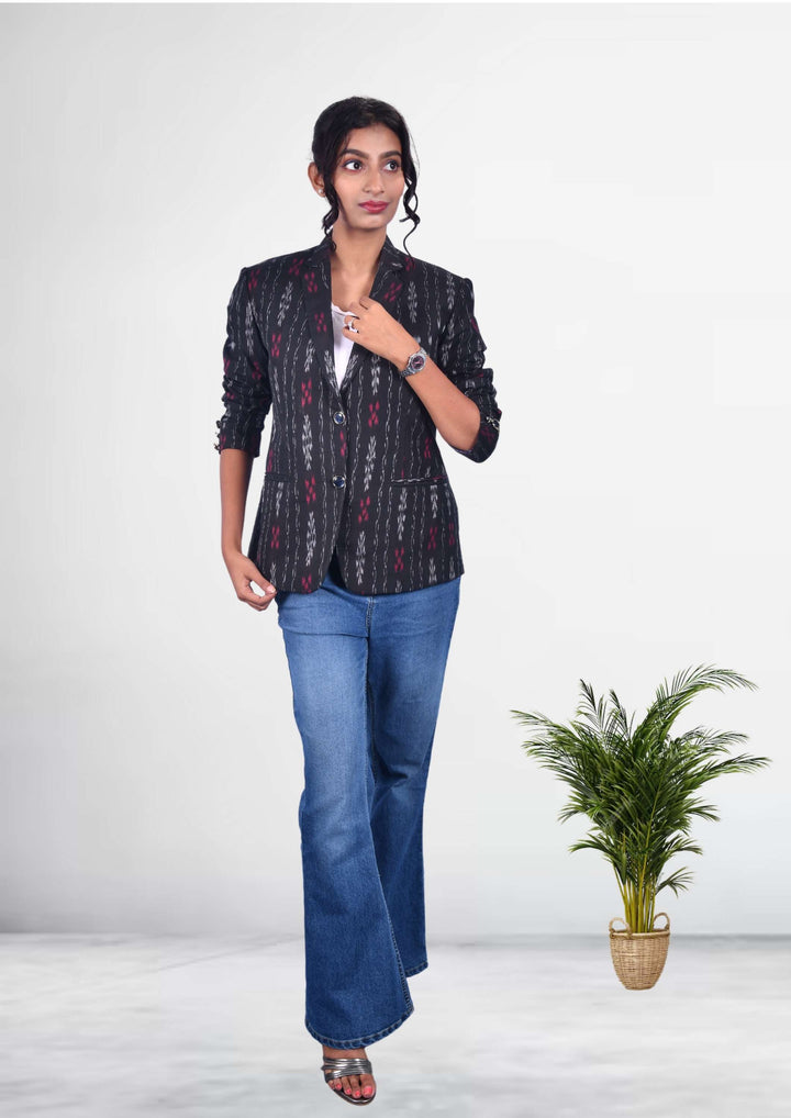 Women Blazer - Hand-woven Sambalpuri Full-sleeve Black Women Blazer