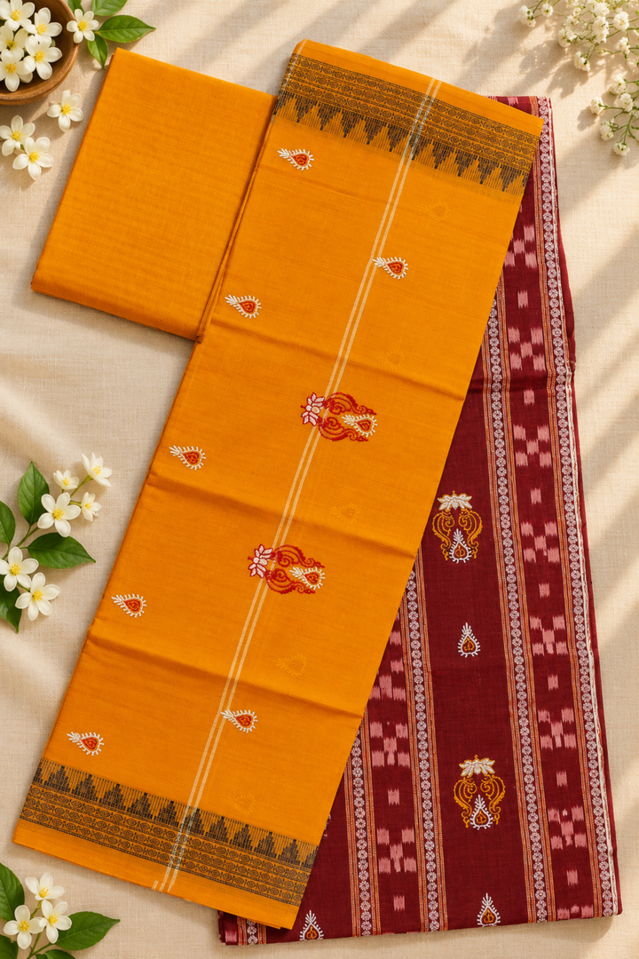 Women's Sambalpuri Orange & Maroon Unstitched Suit Material with Dupatta