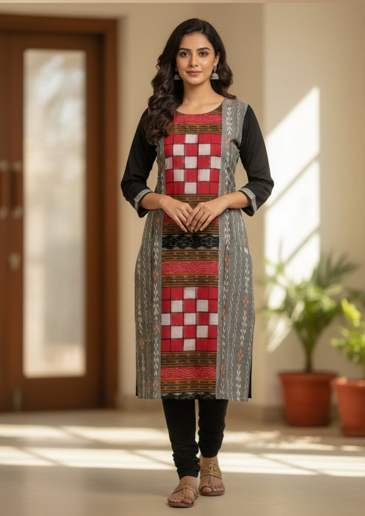 Sambalpuri Women's Kurti - Bichitrapuri Design Pure Cotton Kurti in Grey & Black