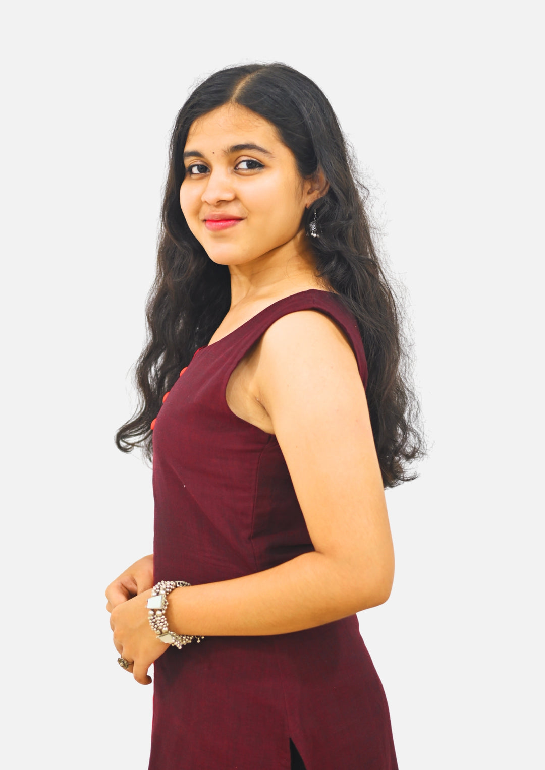 Wovio Modern Dual-Tone Ikat Dress - Red & Maroon Panel Design with Square Motif Pattern