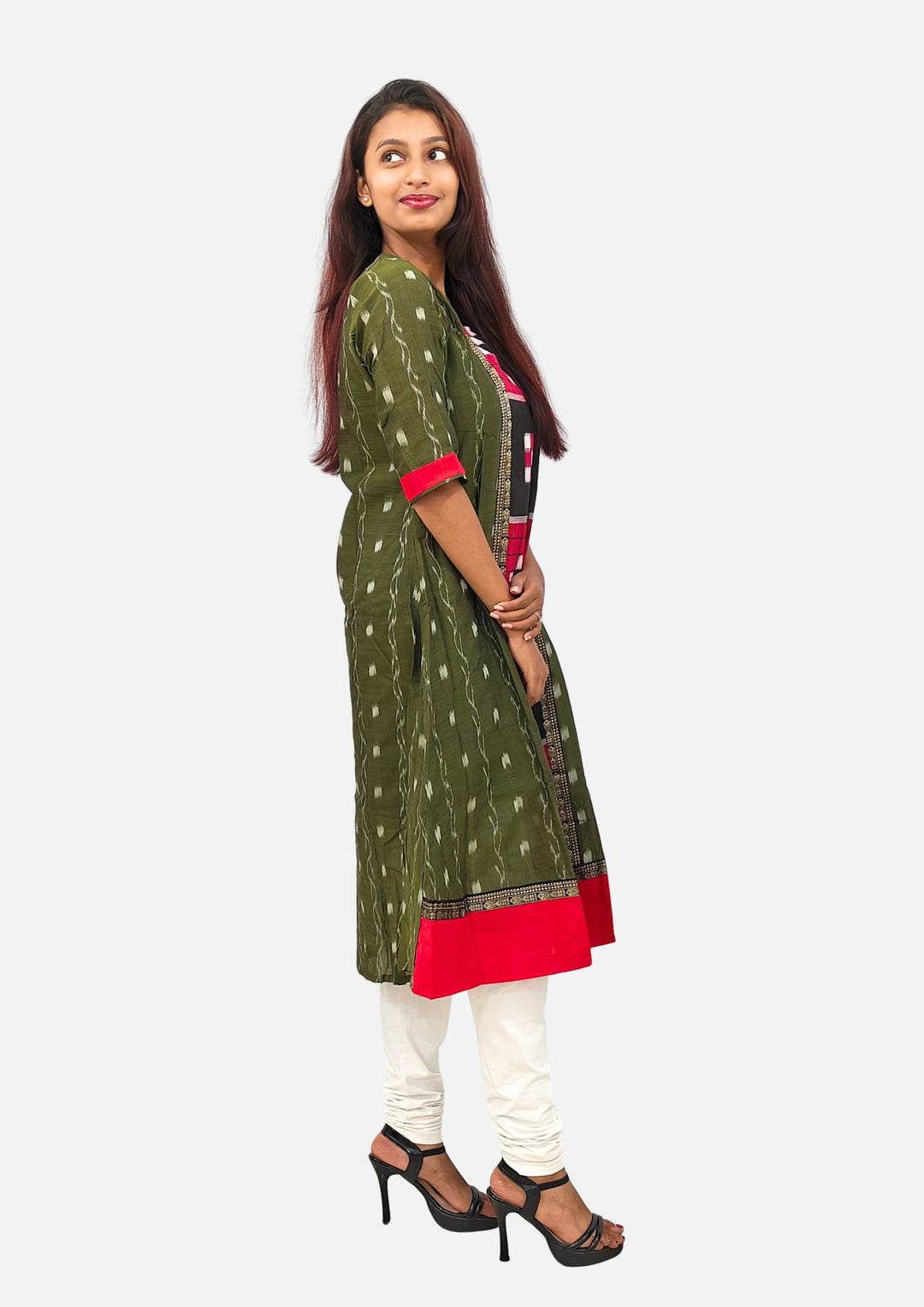 Sambalpuri Women's Gown – Olive Green with Black, Red, and White Pasapali Ikat Motif