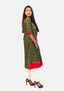 Sambalpuri Women's Gown – Olive Green with Black, Red, and White Pasapali Ikat Motif