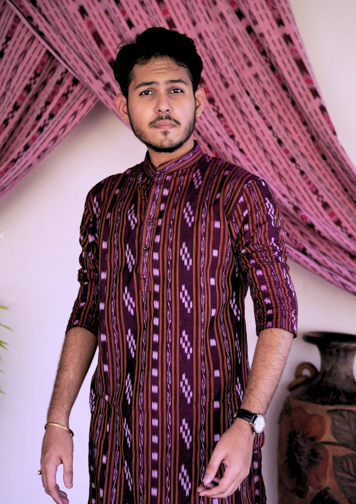 Sambalpuri Men’s Long Kurta – Ikat Diamond Motif, Maroon Base with White & Pink Highlights