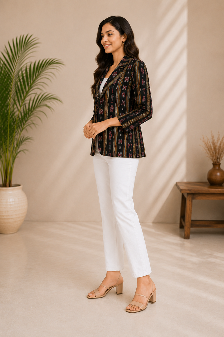 Classic Black Ethnic Printed Cotton Jacket for Women