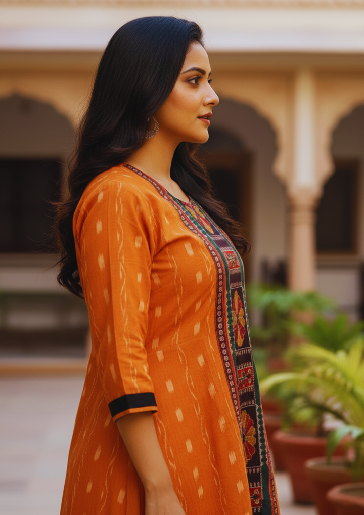 Sambalpuri Utkal Laxmi Heritage Gown – Orange Red Flower with Orange Butty Edition