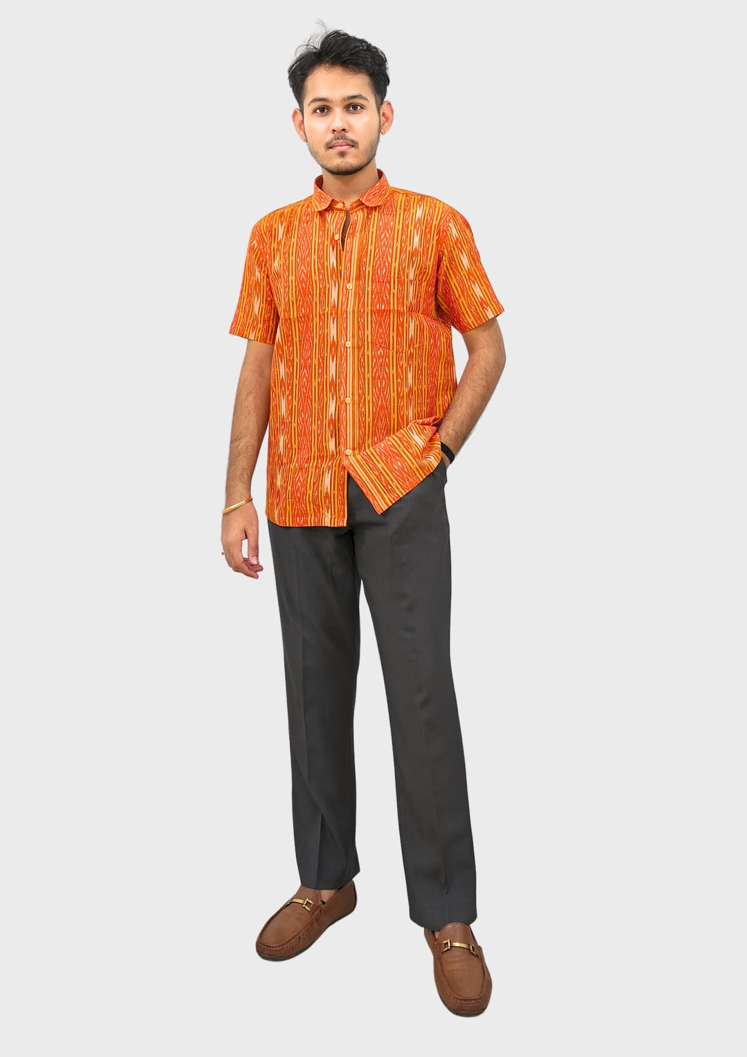 Sambalpuri Men's Shirt – Orange with Yellow Ikat Vertical Stripe Motif (Half Sleeve)