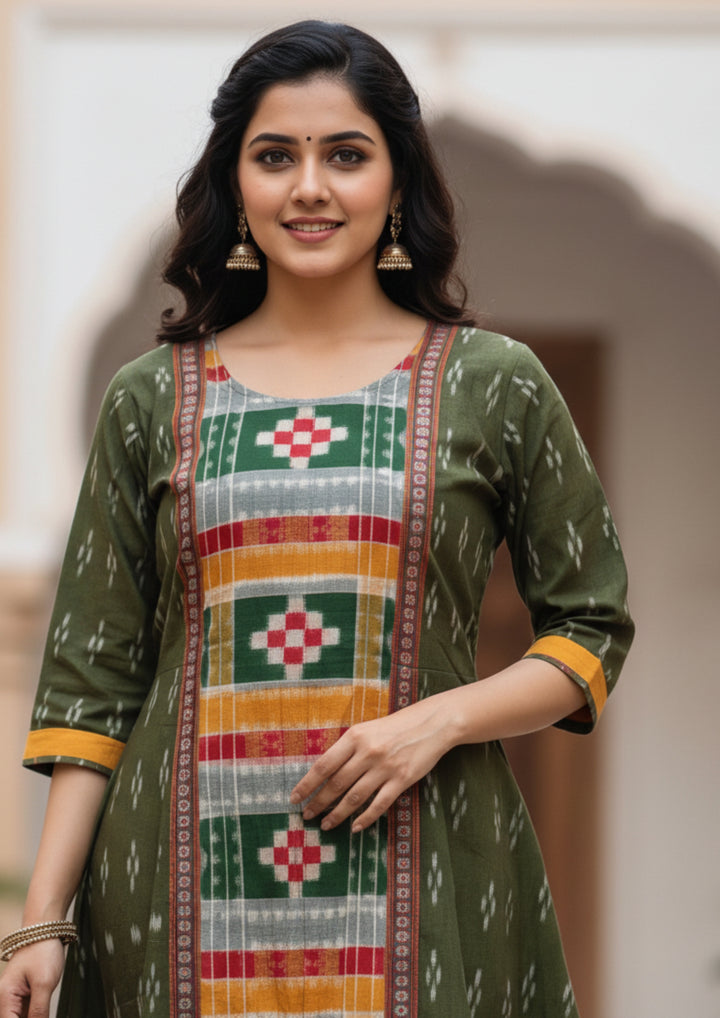 Sambalpuri Utkal Laxmi Heritage Gown – Green Red Pasapalli with Olive Green Edition