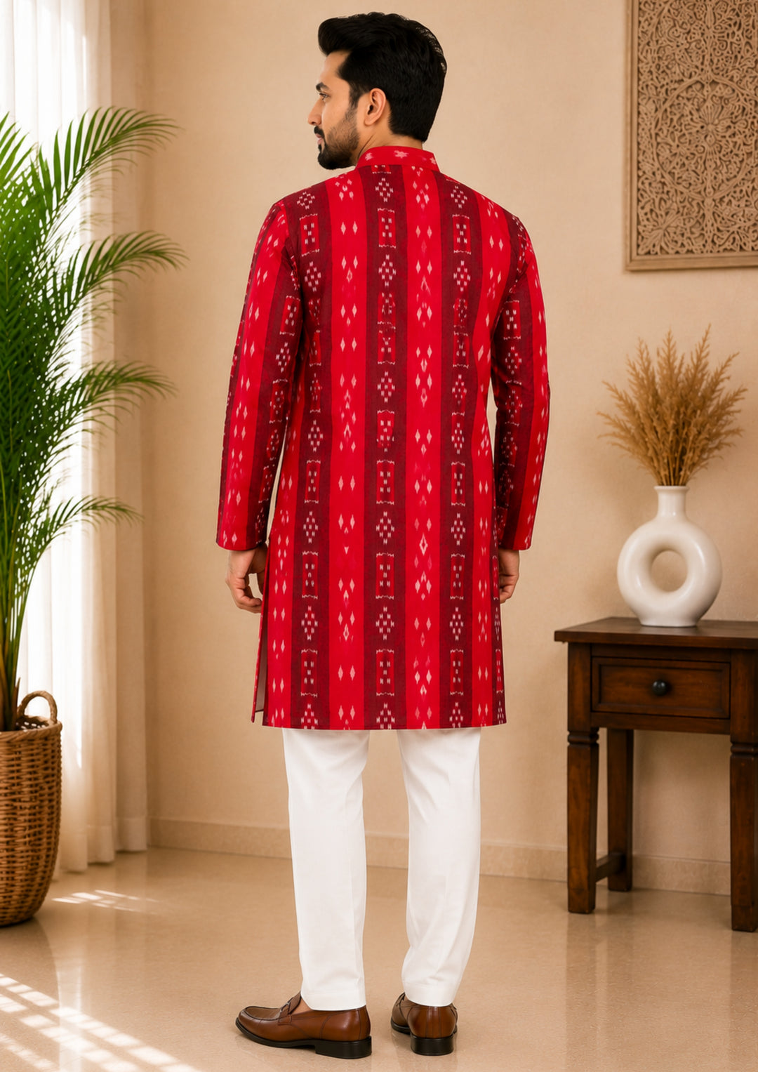 Sambalpuri Men's Long Kurta - Regal Red Kurta