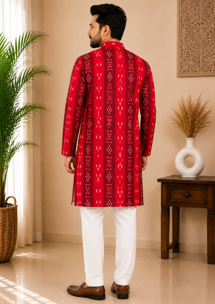 Sambalpuri Men's Long Kurta - Regal Red Kurta
