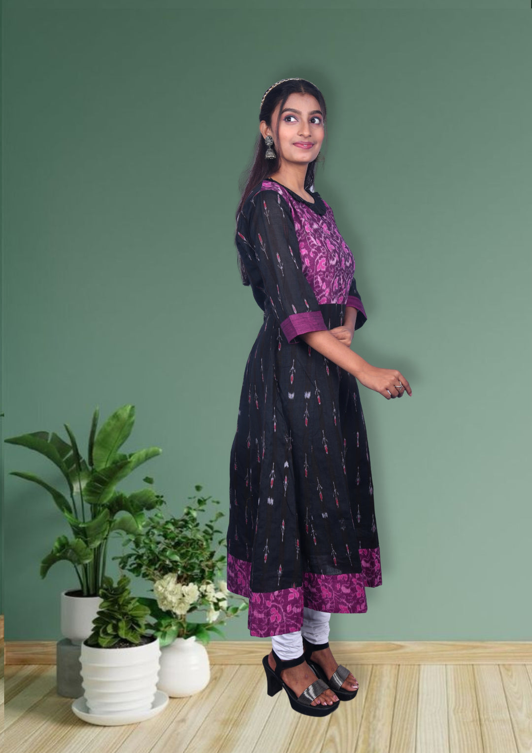 Authentic Sambalpuri Handloom Anarkali with Designer Neck in Black & Purple