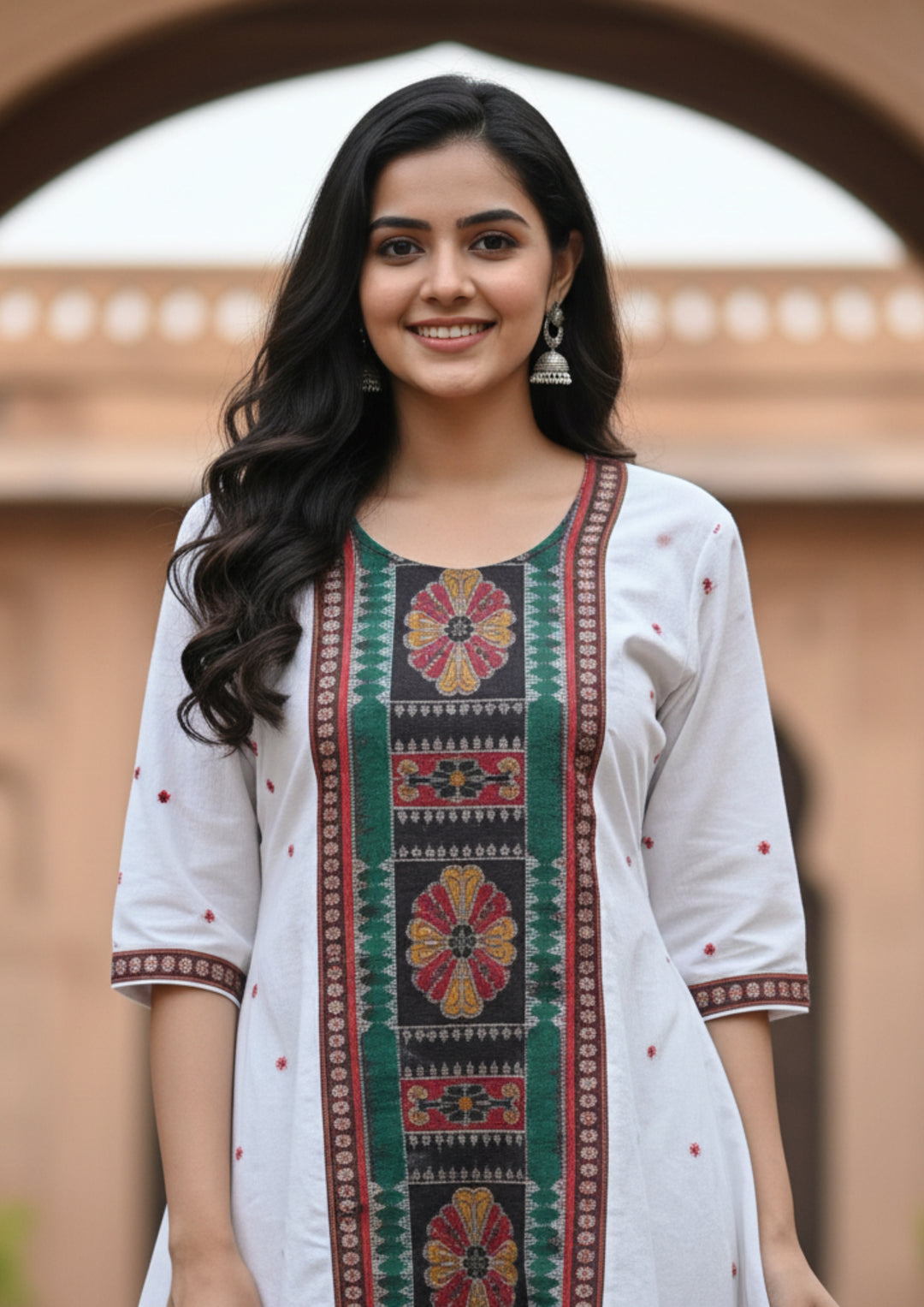 Sambalpuri Utkal Laxmi Heritage Gown – Green Red Flower with Milk White Edition