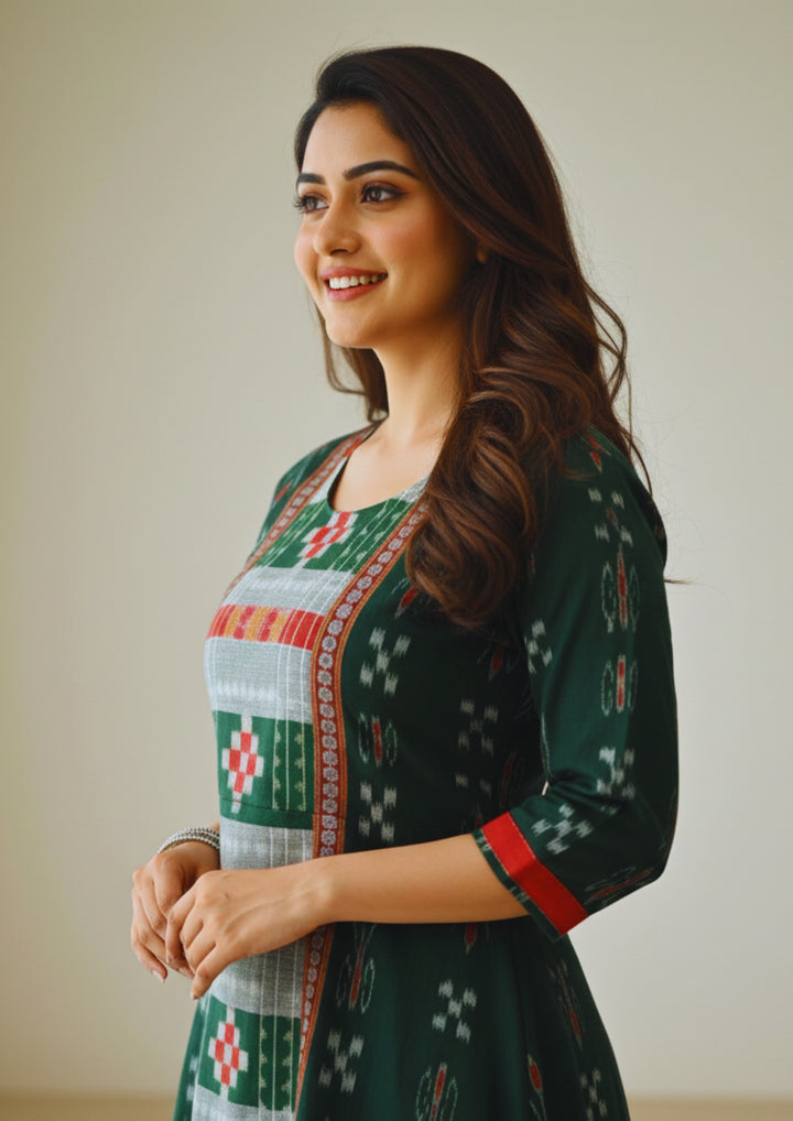 Sambalpuri Utkal Laxmi Heritage Gown – Green Red Pasapalli with Emerald Green Edition