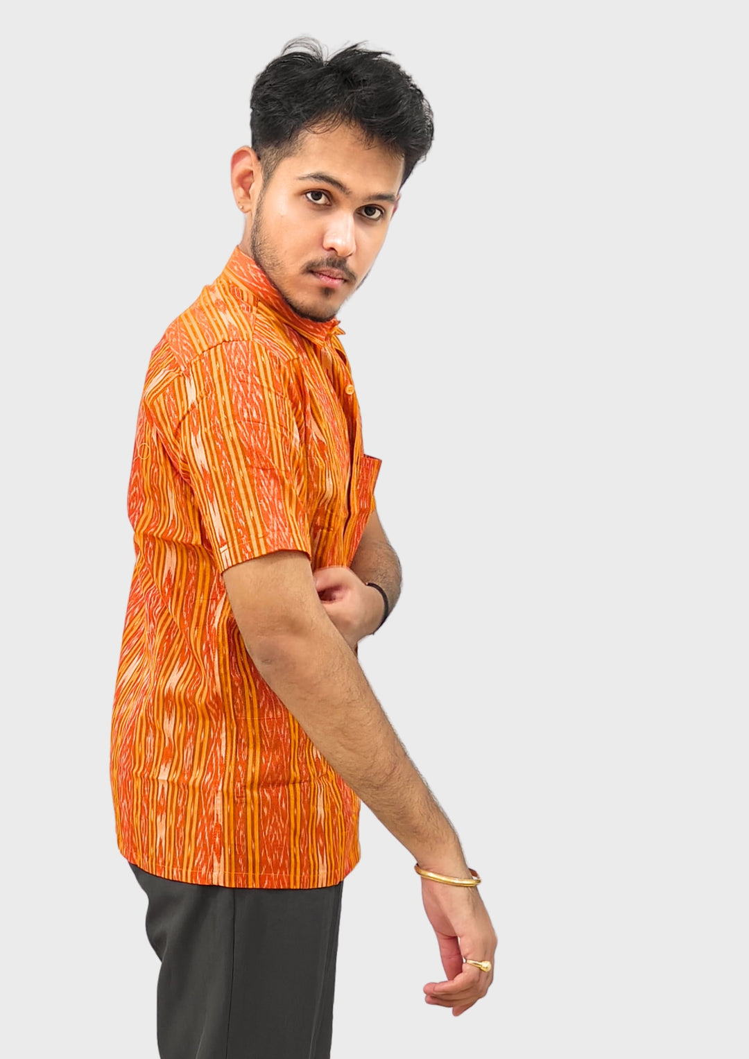 Sambalpuri Men’s Shirt – Ikat Geometric Stripe Motif, Orange Base with Yellow & White Highlights