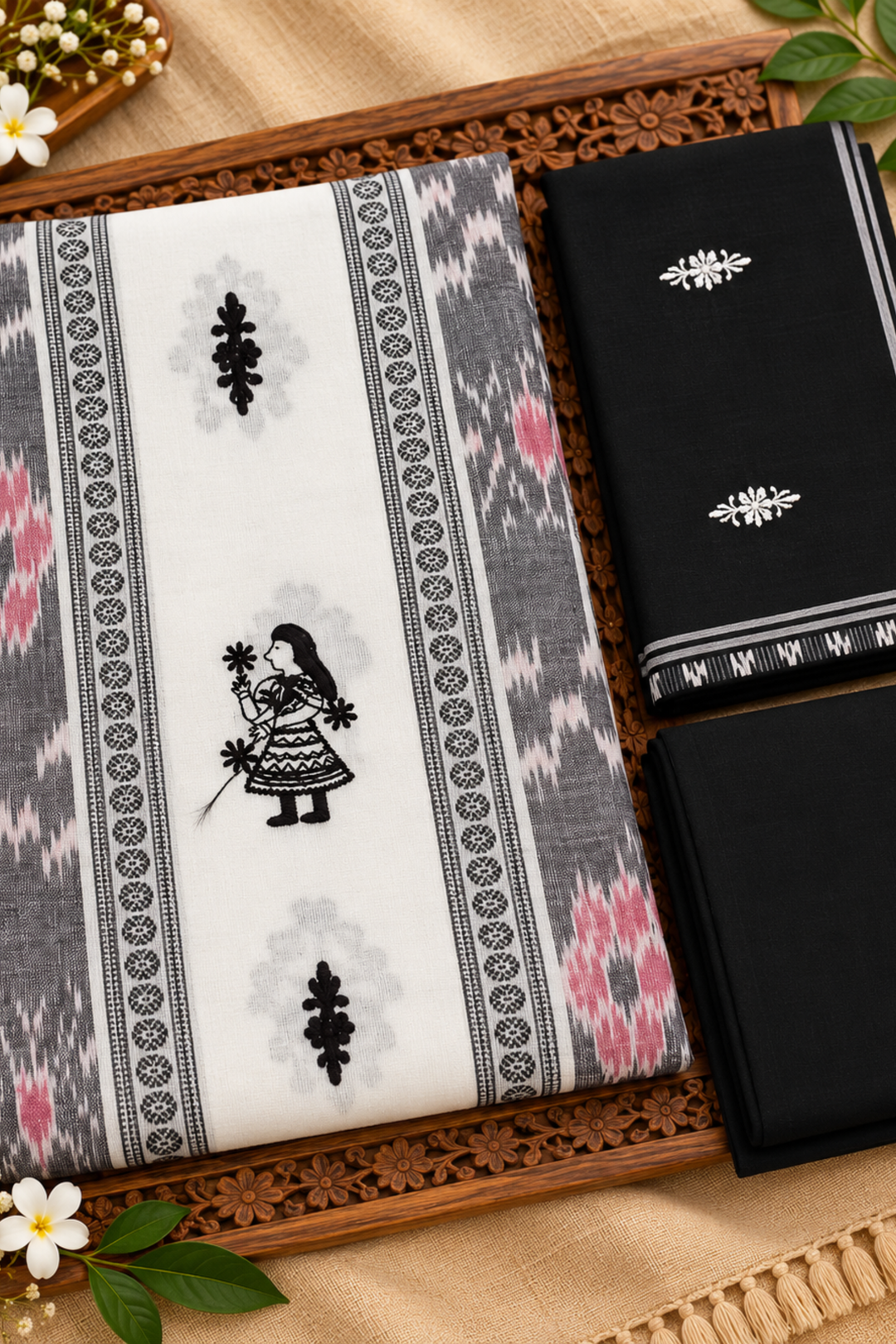 Women’s Sambalpuri Cotton Unstitched Dress Material – White Top, Black Pant &amp; Embroidered Dupatta