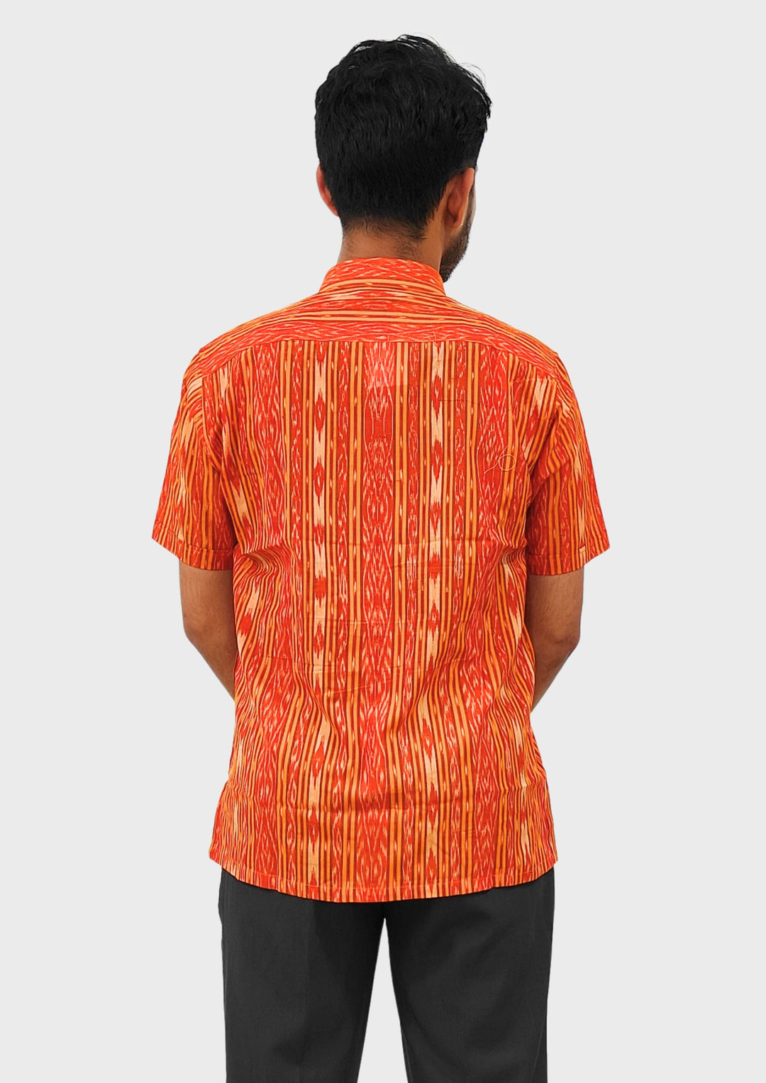 Sambalpuri Men's Shirt – Orange with Yellow Ikat Vertical Stripe Motif (Half Sleeve)