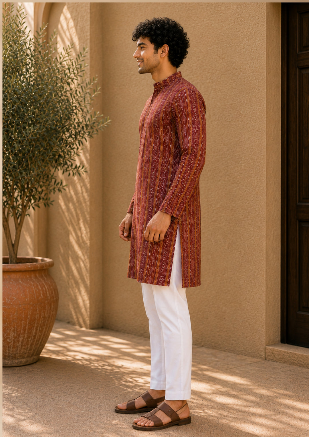 Men’s Long Kurta – Ikat Stripe Pattern Maroon Red Base with Orange & Pink