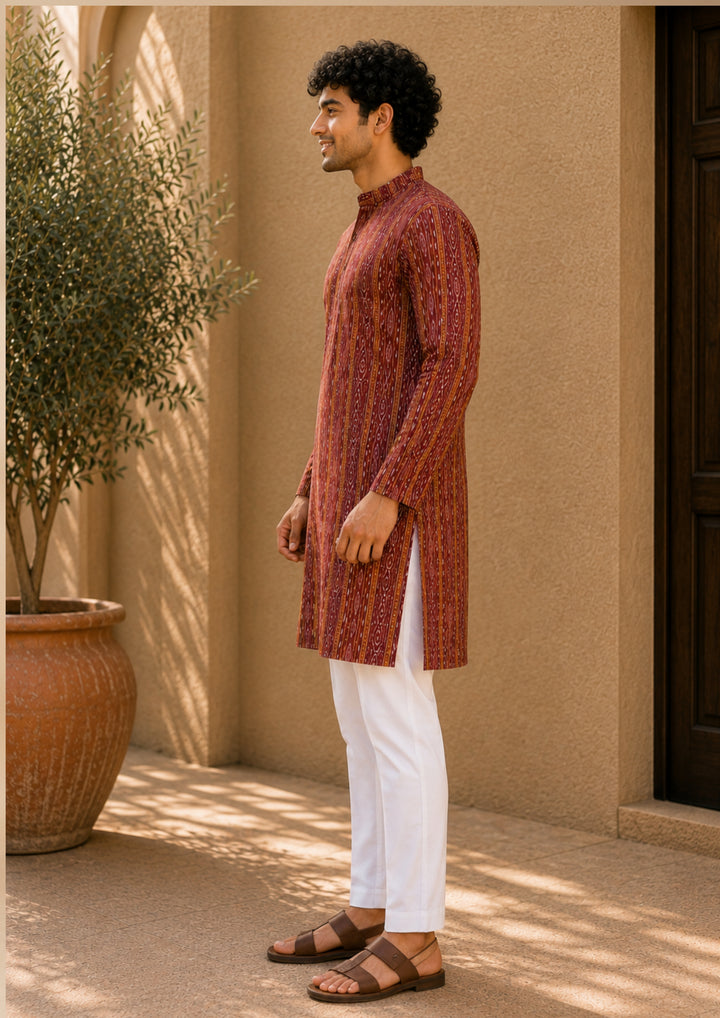 Men’s Long Kurta – Ikat Stripe Pattern Maroon Red Base with Orange & Pink