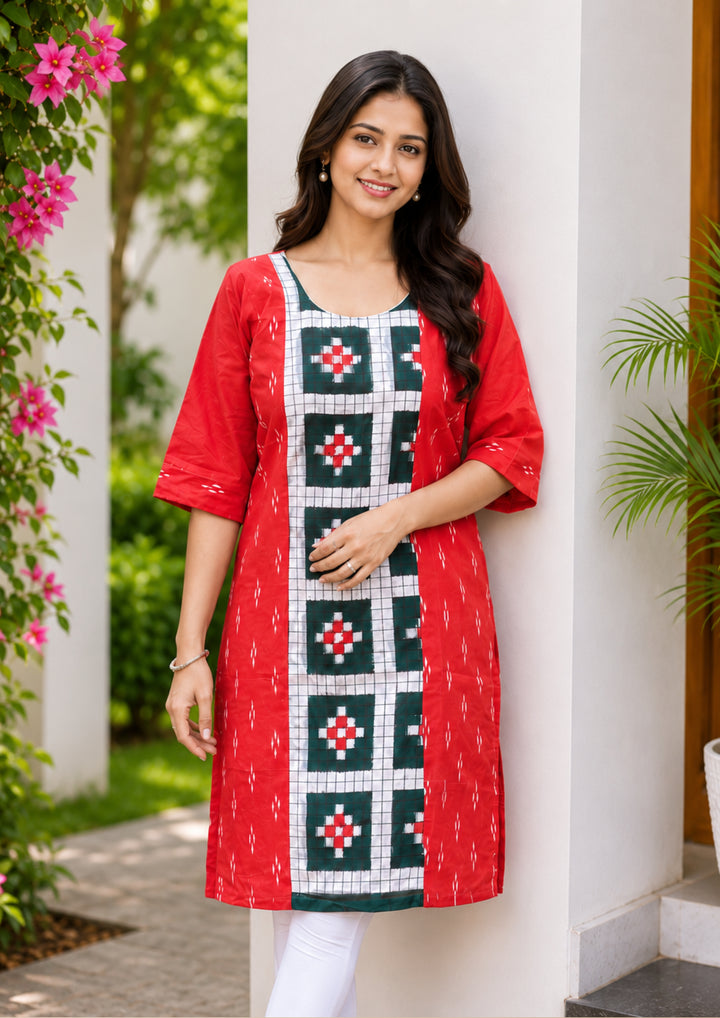 Sambalpuri Women's Kurti - Crimson Heritage Ikat Cotton Kurti