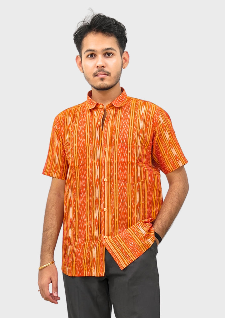Sambalpuri Men’s Shirt – Ikat Geometric Stripe Motif, Orange Base with Yellow & White Highlights