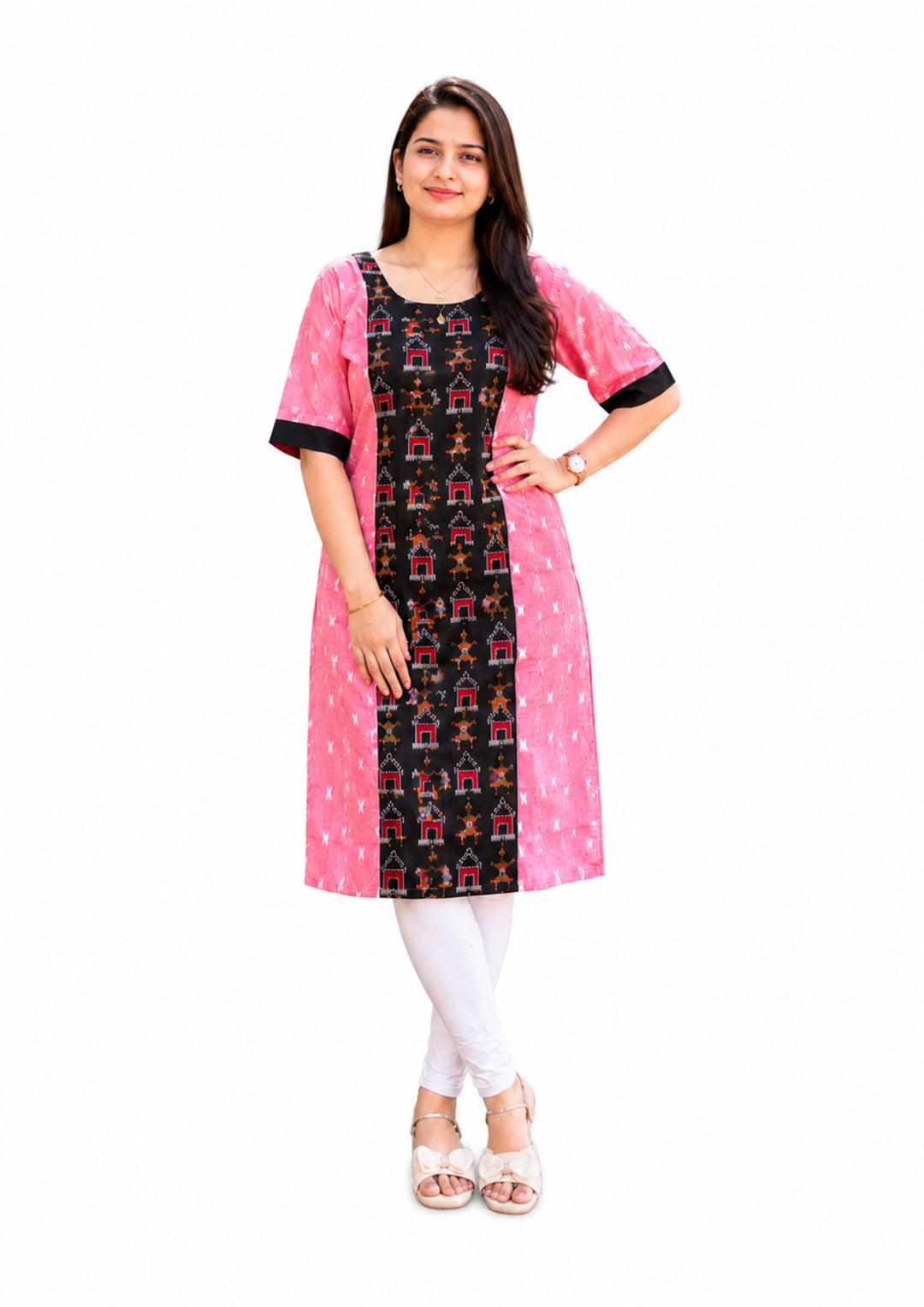 Sambalpuri Women's Kurti - Pink Ethnic Straight Fit Kurti with Tribal Design
