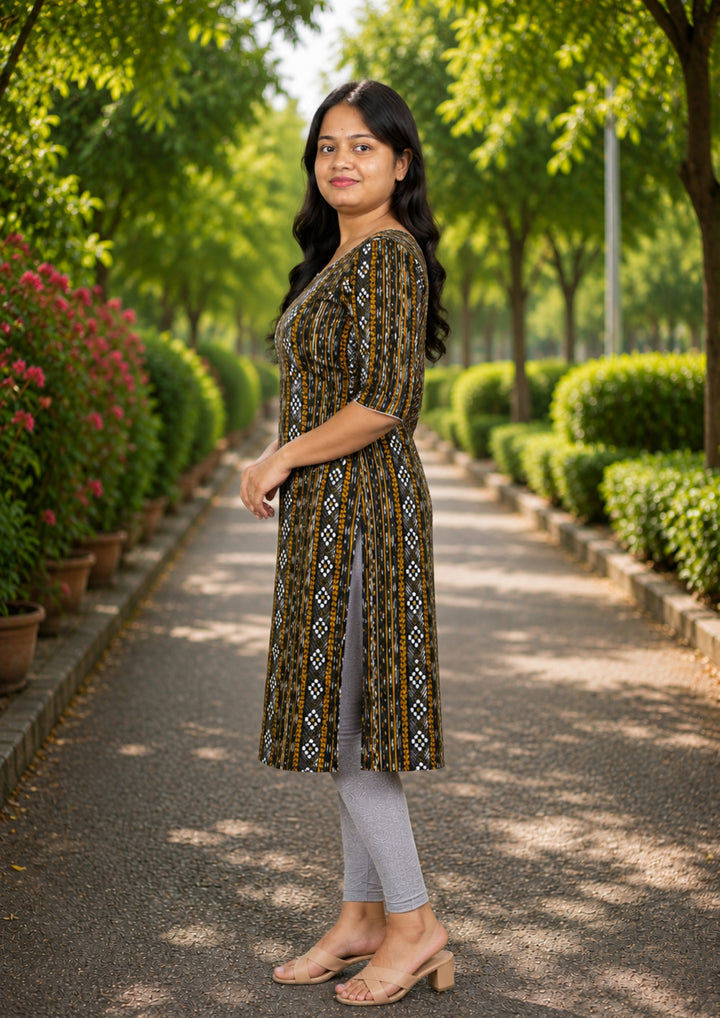 Sambalpuri Women's Kurti - Ebony Gold Heritage Kurti with Black
