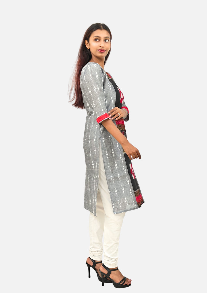 Sambalpuri Women's Kurti – Grey with Black, Red, and White Pasapali Ikat Motif