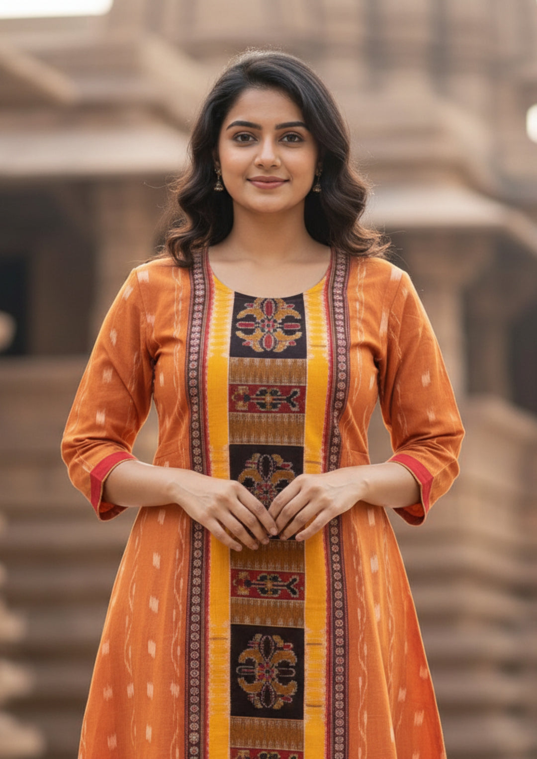 Sambalpuri Utkal Laxmi Heritage Gown – Yellow Red Flower with Sunrise Orange Edition