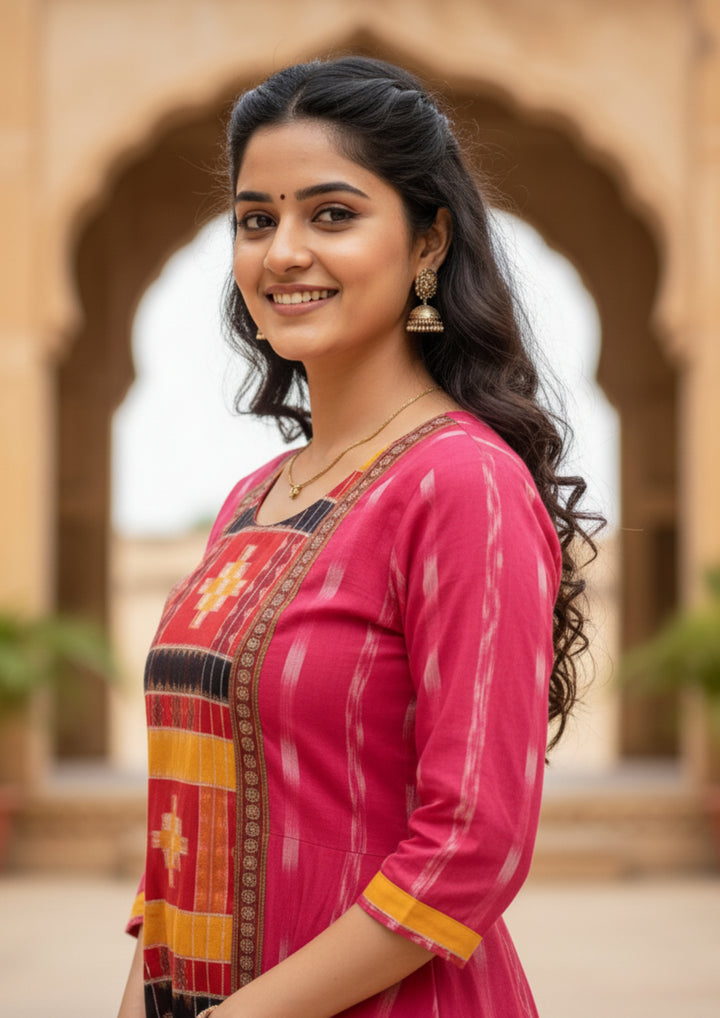 Sambalpuri Utkal Laxmi Heritage Gown – Yellow Red Pasapalli with Pink Blossom Edition