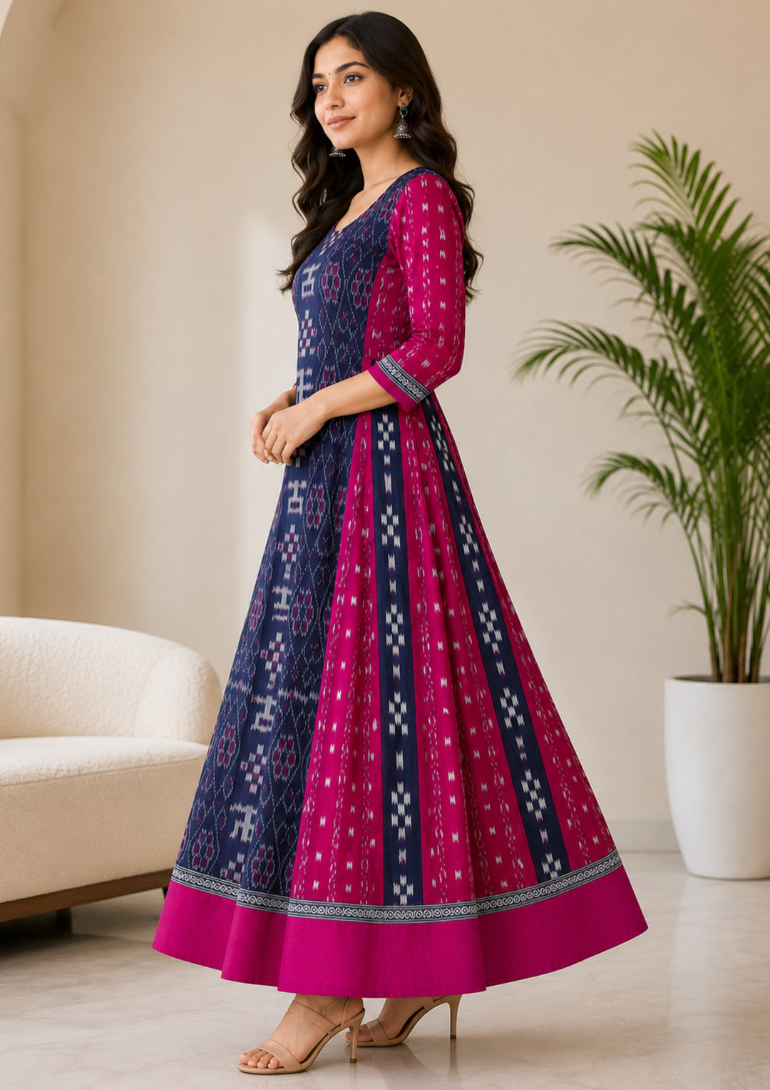 Sambalpuri Long Gown – Rani Pink & Navy Blue with Silver Border