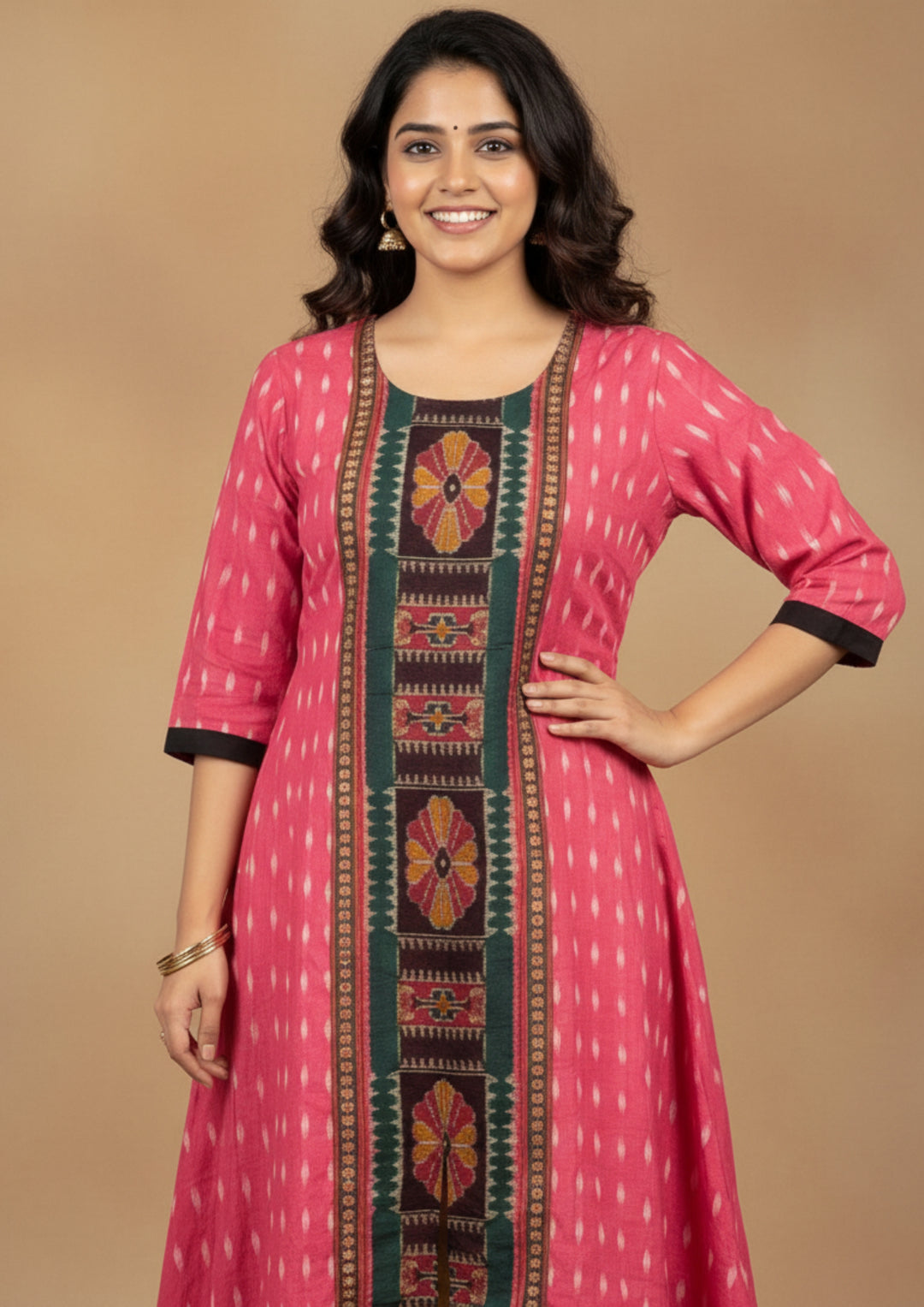 Sambalpuri Utkal Laxmi Heritage Gown – Green Red Flower with Rose Pink Edition