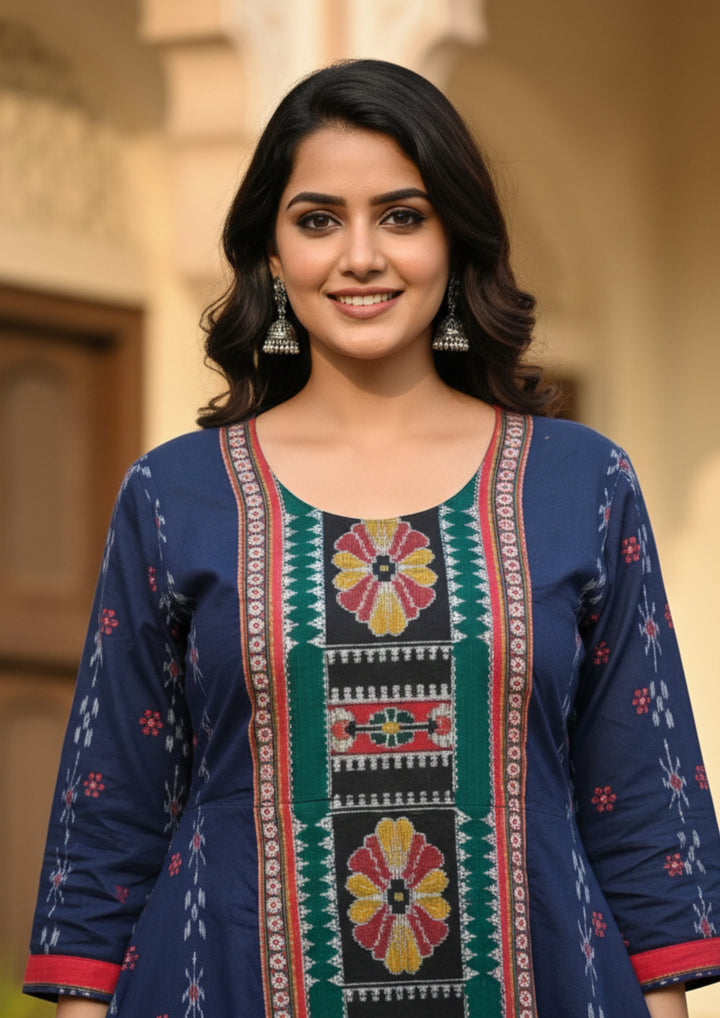 Sambalpuri Utkal Laxmi Heritage Gown – Red Flower design with Royal Blue Edition