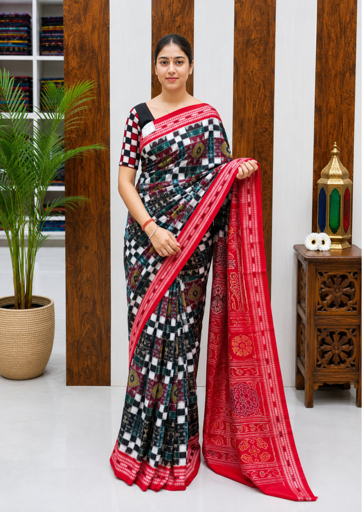 Designer Sambalpuri Handloom Cotton Saree in Monochrome Checks