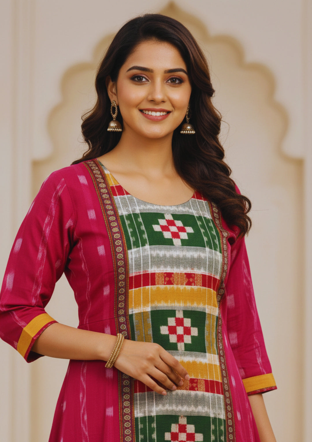 Sambalpuri Utkal Laxmi Heritage Gown – Green Red Pasapalli with Rani Pink Edition