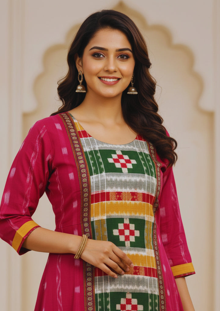 Sambalpuri Utkal Laxmi Heritage Gown – Green Red Pasapalli with Rani Pink Edition