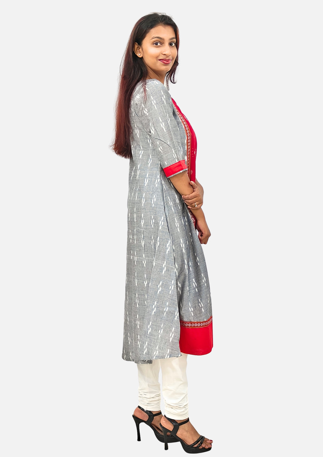Sambalpuri Women’s Gown– Grey with Red Ikat Panel and Multicolor Floral Motif