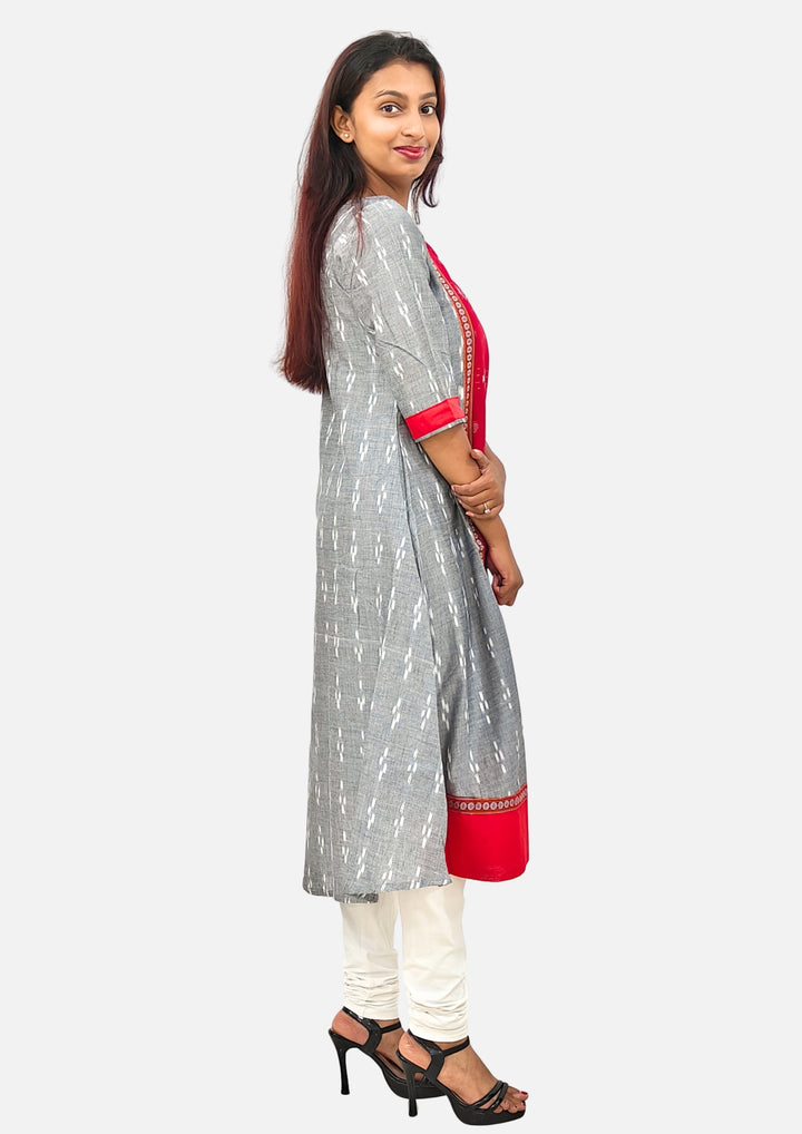 Sambalpuri Women’s Gown– Grey with Red Ikat Panel and Multicolor Floral Motif