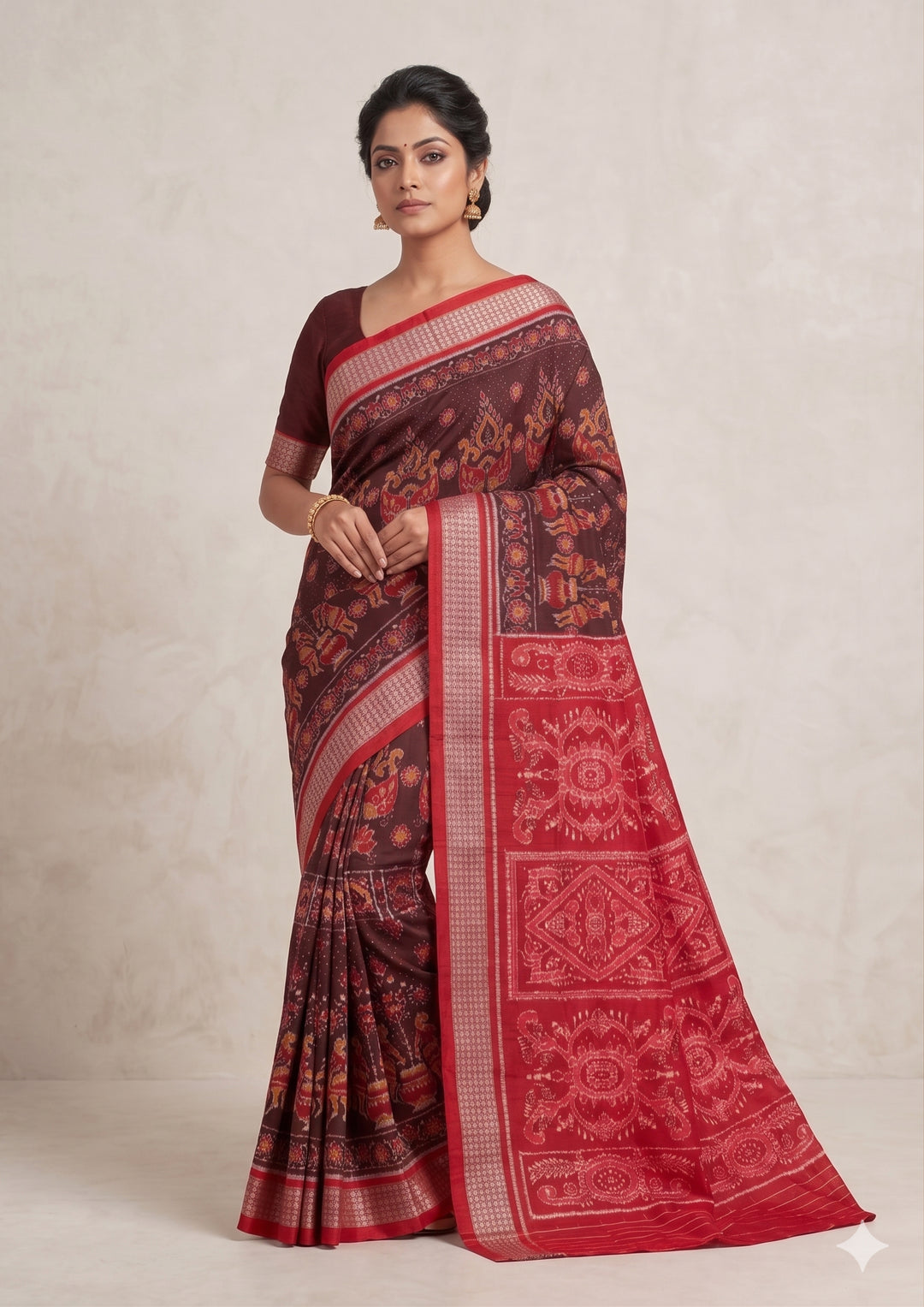 Handwoven Maroon Sambalpuri Patta Saree with Red Pallu and Tribal Motifs