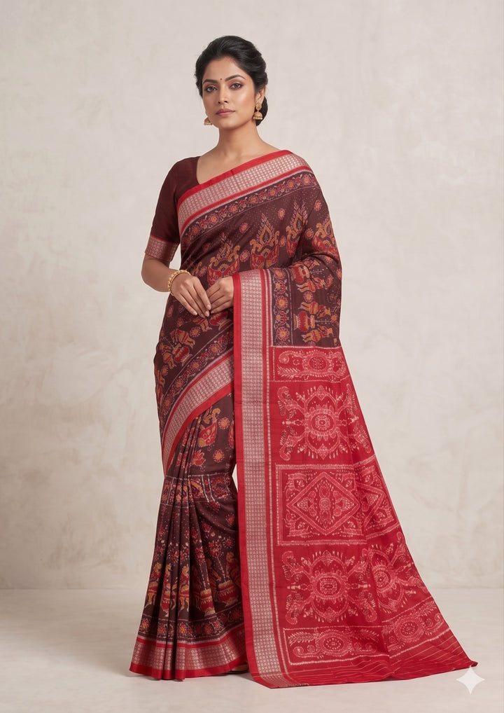 Handwoven Maroon Sambalpuri Patta Saree with Red Pallu and Tribal Motifs