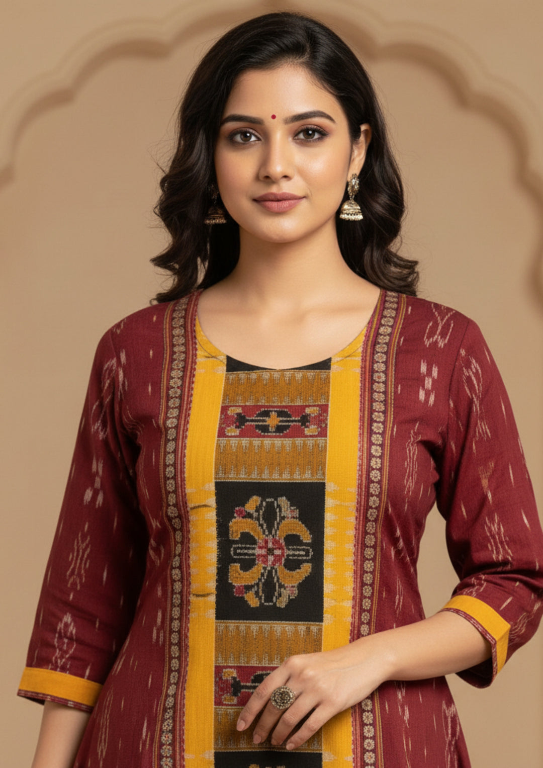Sambalpuri Utkal Laxmi Heritage Gown – Yellow Red Flower with Maroon & Mustard Edition