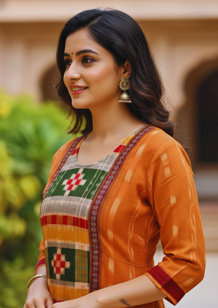 Sambalpuri Utkal Laxmi Heritage Gown – Green Red Pasapalli with Sunset Orange Edition