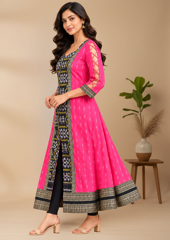 Women’s Pure Handloom Sambalpuri Cotton Fuchsia Pink Anarkali with Designer Lace Sleeves
