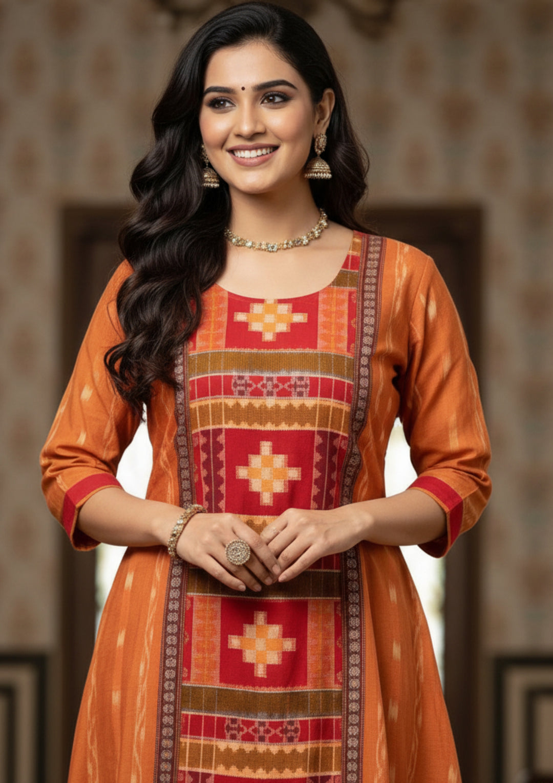 Sambalpuri Utkal Laxmi Heritage Gown – Yellow Red Pasapalli with Sunset Orange Edition