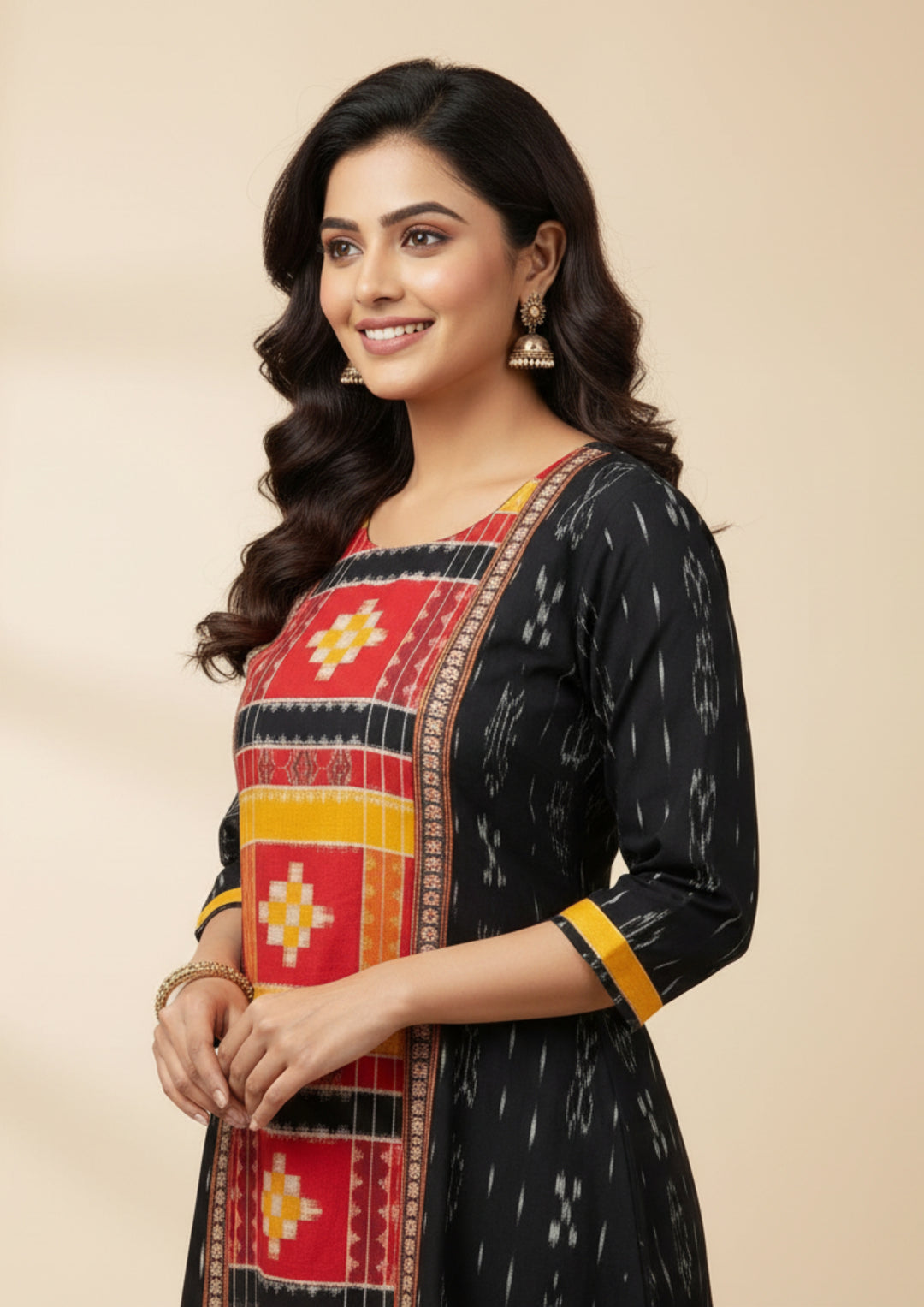 Sambalpuri Utkal Laxmi Heritage Gown – Yellow Red Pasapalli with Black & Marigold Edition