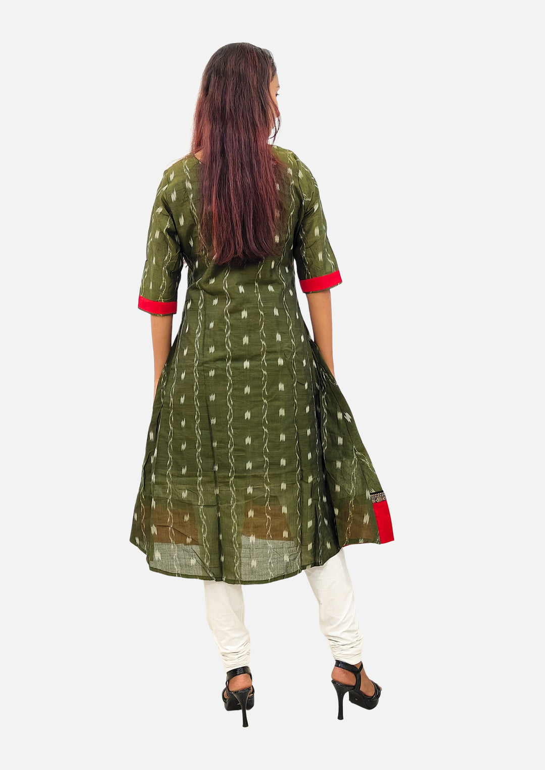 Sambalpuri Women's Gown – Olive Green with Black, Red, and White Pasapali Ikat Motif