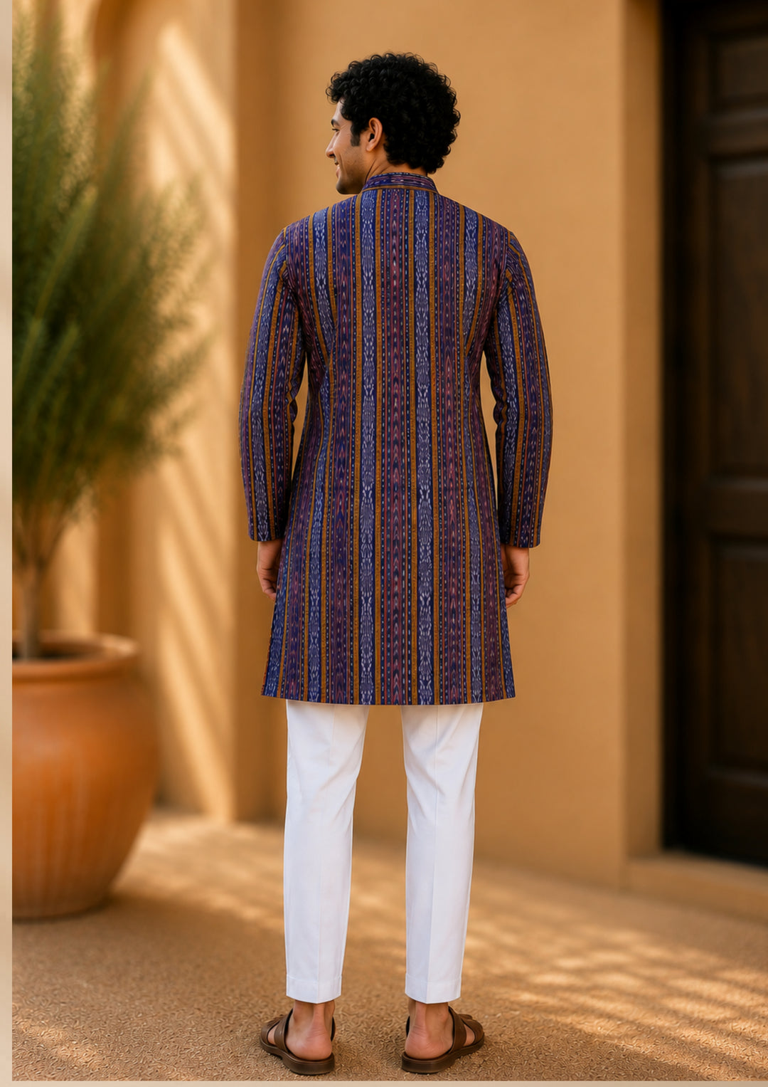 Men’s Long Kurta – Navy Blue with Multicolor Ikat Vertical Stripe